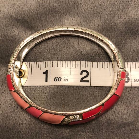 Pink Mosaic Bracelet with Rhinestones Silvertone Metal Bangle Art Deco Artsy - Picture 7 of 7